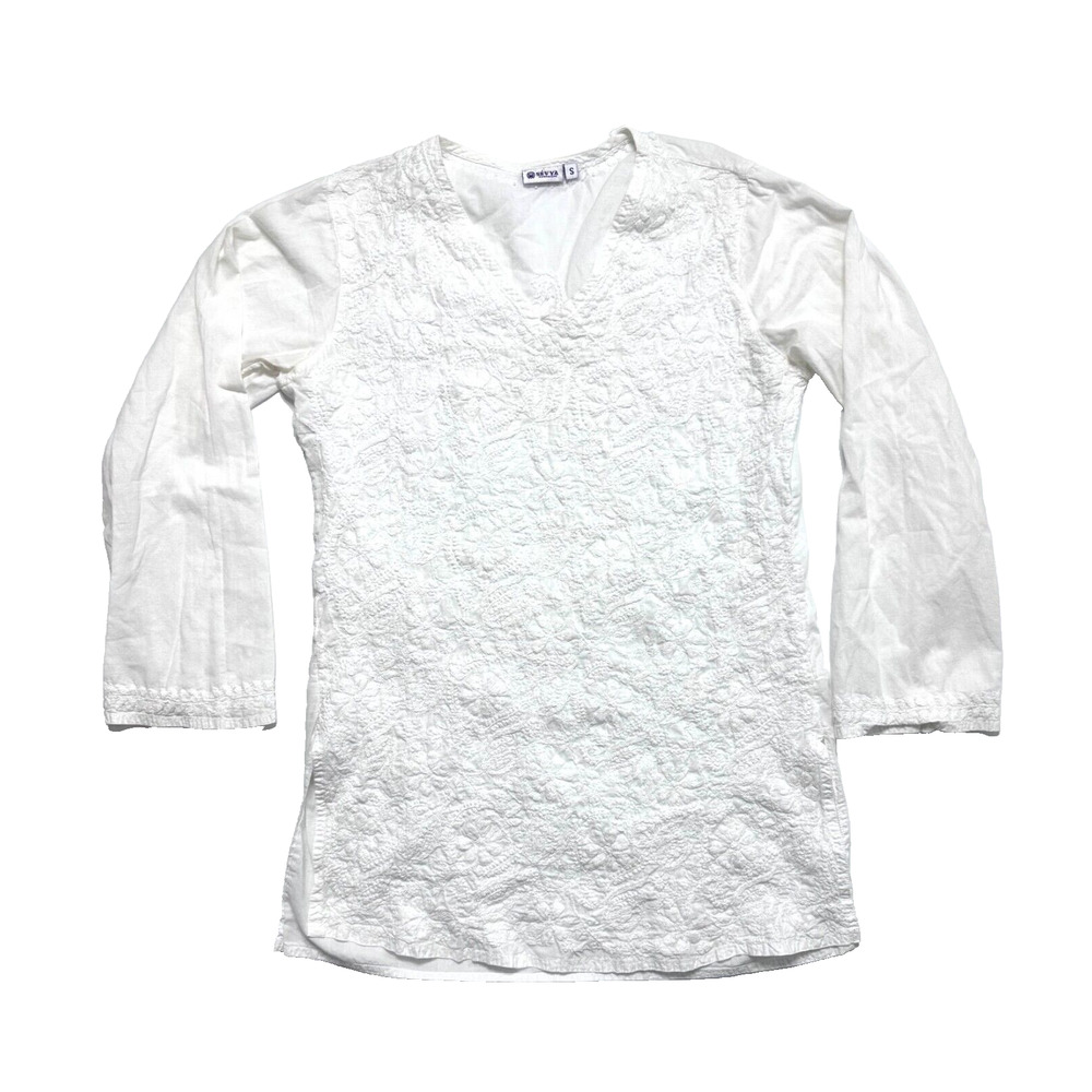 Sevya Handmade White Embroidered Floral Peasant Tunic Blouse Women's Size S